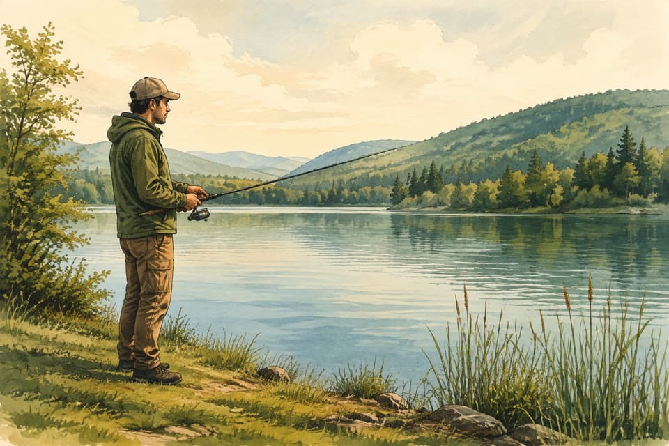 Illustrated peaceful lake viewed from a grassy shore